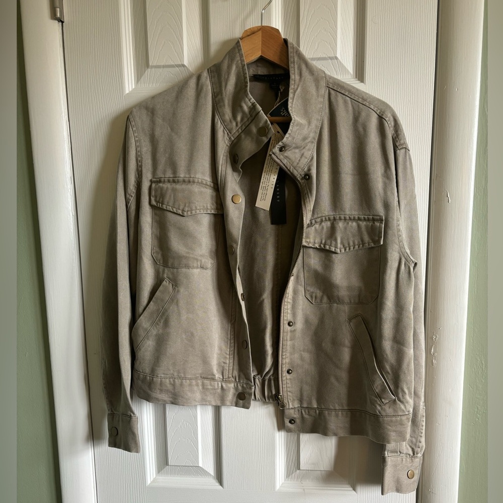 Army green denim jacket, size small, never worn
